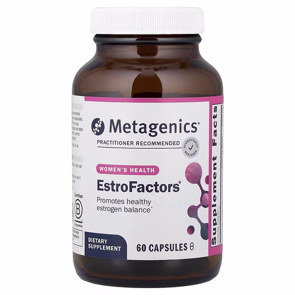Metagenics EstroFactors:Amber bottle, white cap, pink/white label; estrogen-cell art; Metagenics branding; 60 capsules